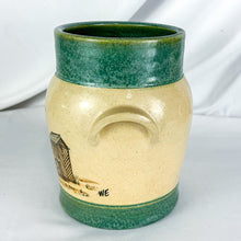 Load image into Gallery viewer, 1989 Teal &amp; Beige Farm Building Stone Crock by Eugene Winton
