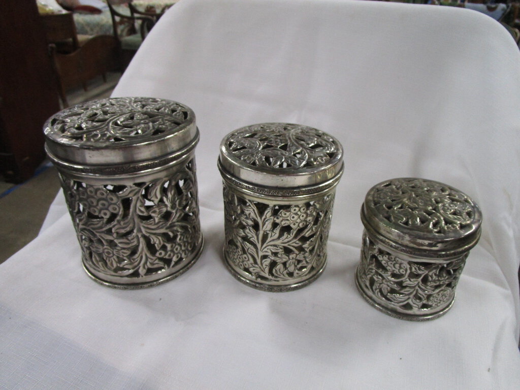 Vintage Metal Filigree Nesting Canister Set of Three