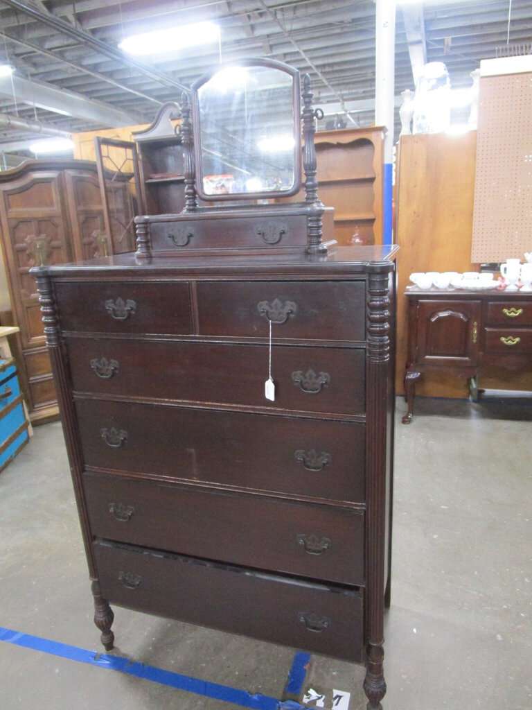 Vintage Mahogany 2 over 4 Highboy Dresser with Glove Box and Tilt Mirror