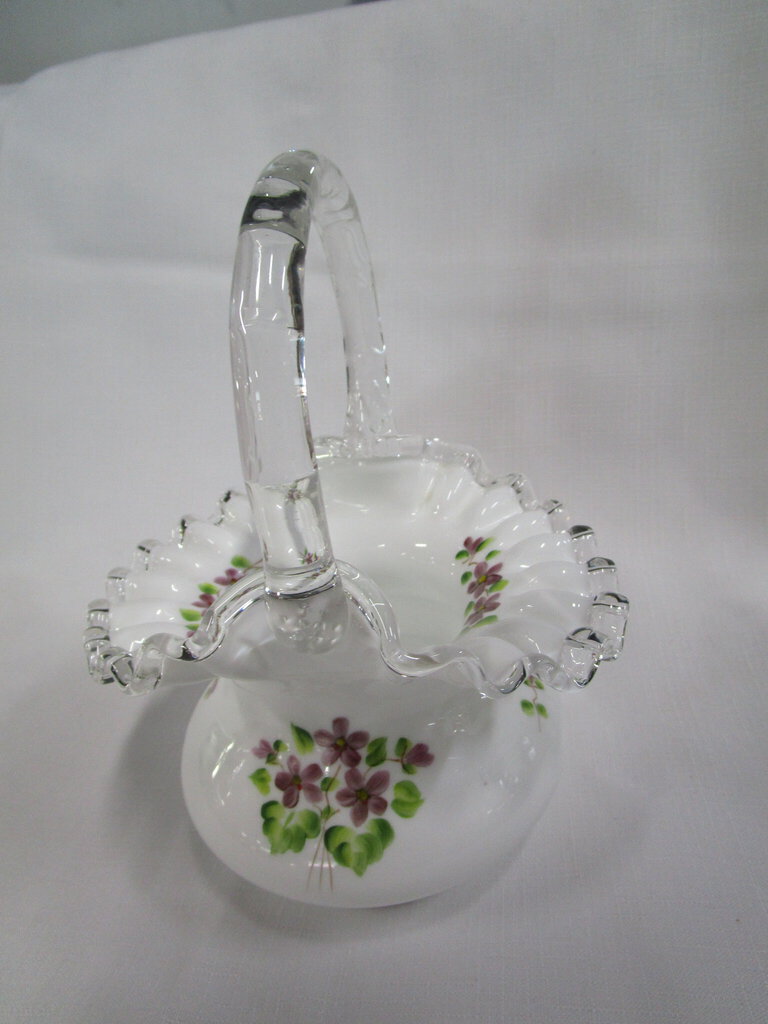 Fenton Silvercrest Handpainted Violets In The Snow Small Basket