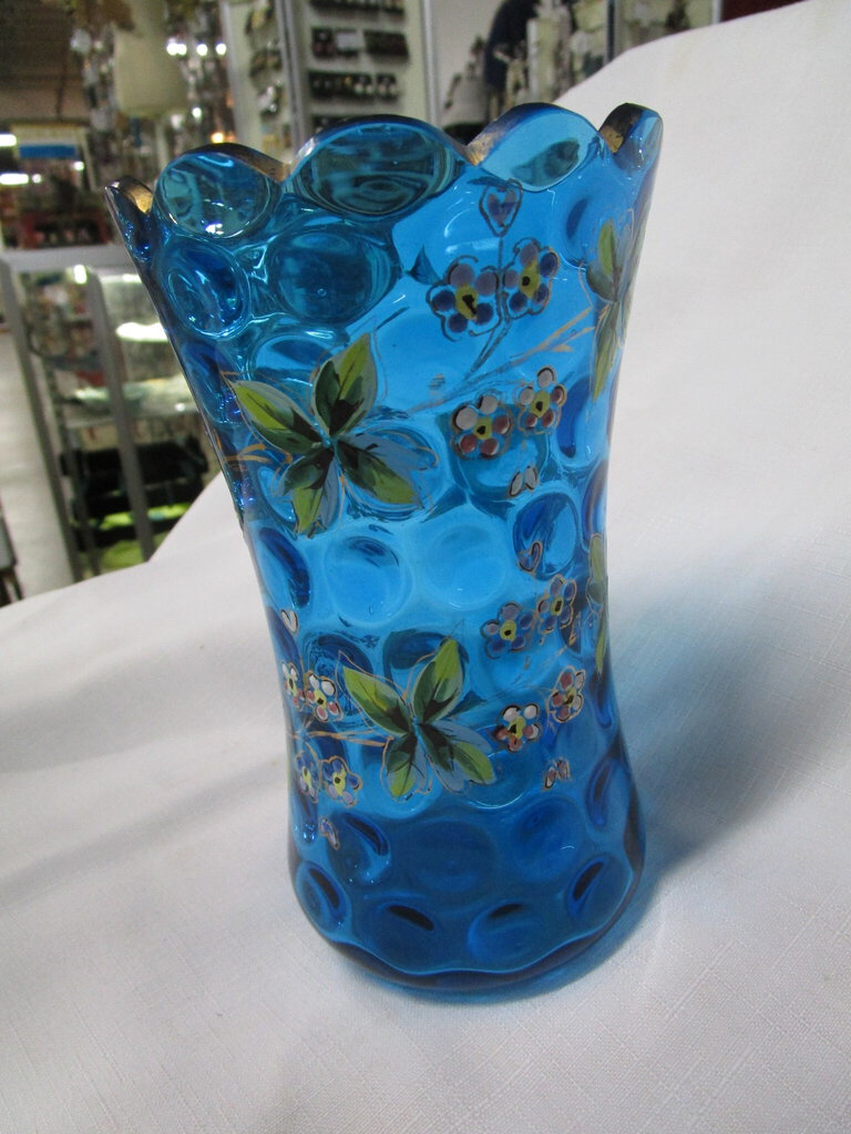 Vintage Peacock Blue Glass Thumbprint Vase with Hand Painted Flowers