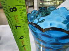 Load image into Gallery viewer, Vintage Peacock Blue Glass Thumbprint Vase with Hand Painted Flowers
