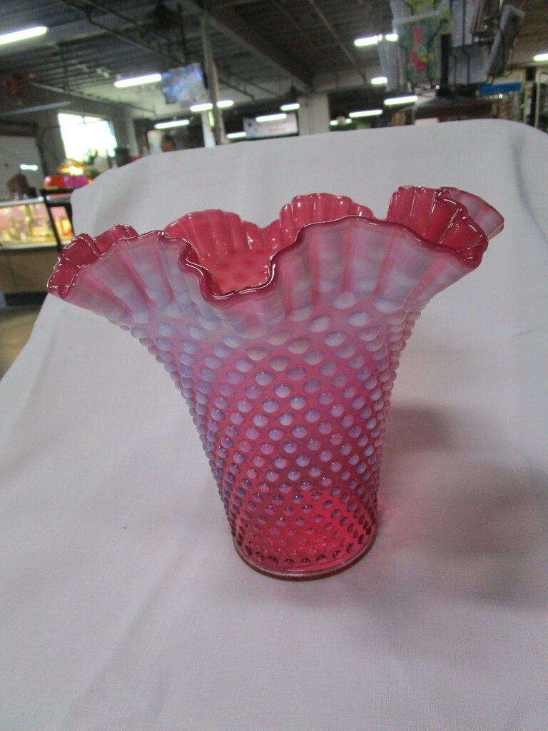 Fenton Cranberry Opalescent Hobnail Large Ruffled Top Vase