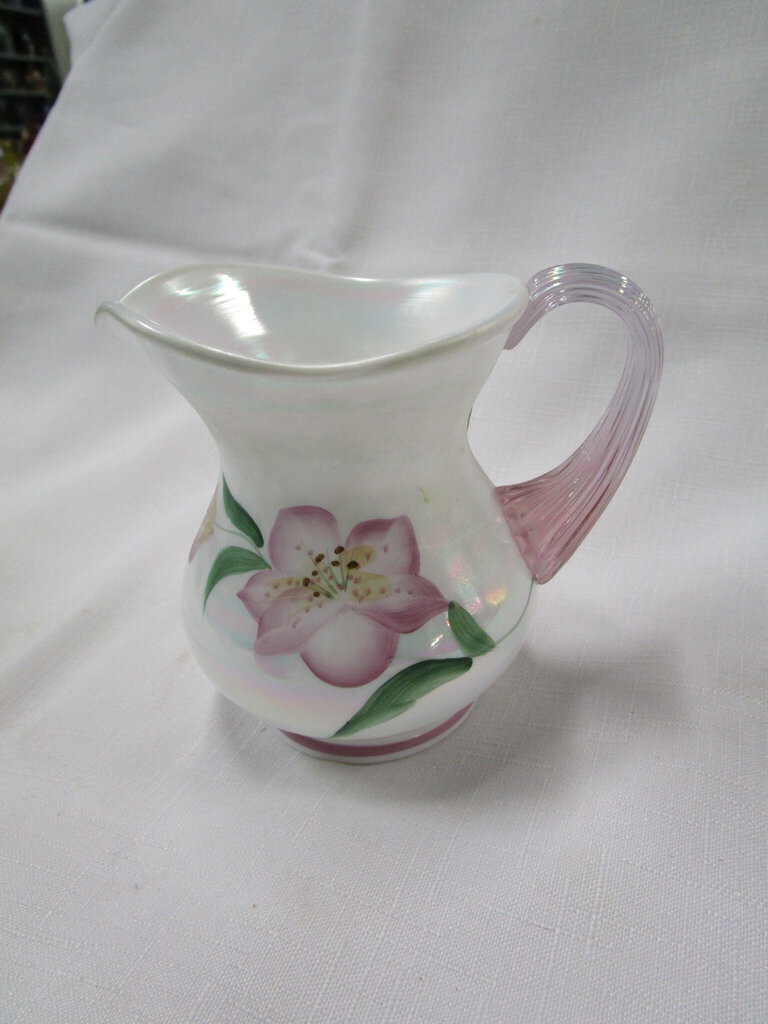 Fenton Artist Signed Iridescent Mother of Pearl Glass Floral Creamer Pitcher
