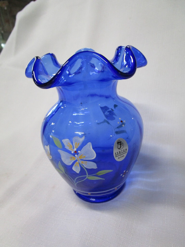 Fenton Artist Signed Handpainted Cobalt Blue Glass Small Floral Vase