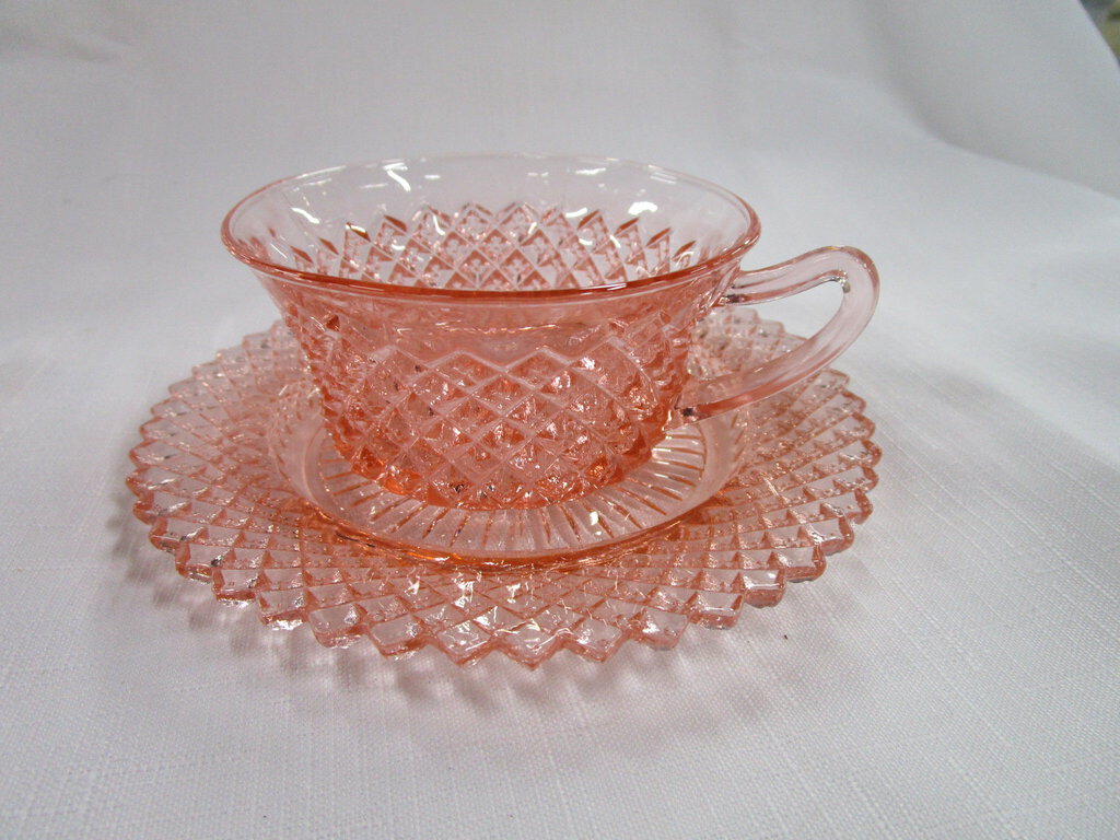 Vintage Anchor Hocking Miss America Pink Glass Teacup and Saucer Set