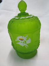 Load image into Gallery viewer, Vintage Green Glass Handpainted Floral Candy Jar
