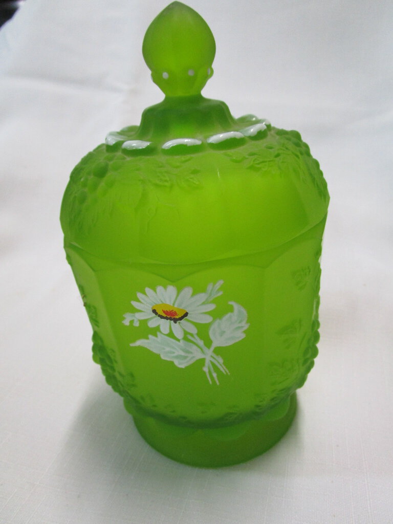 Vintage Green Glass Handpainted Floral Candy Jar