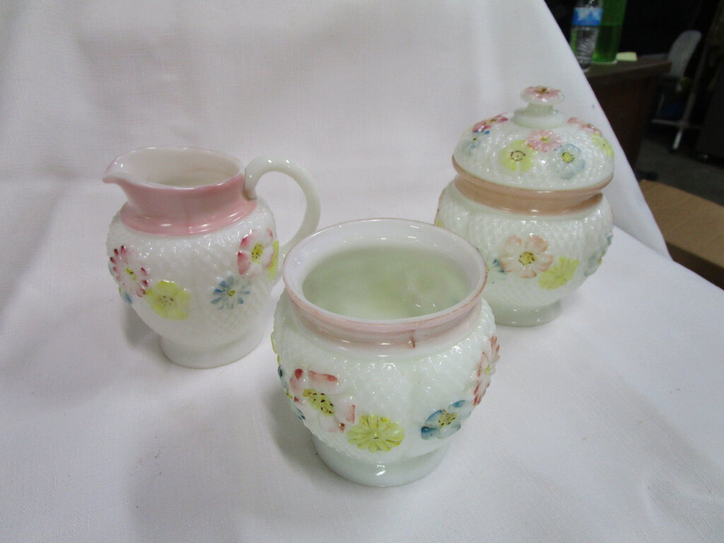 Antique Hobnail Milk Glass Creamer and Sugar and Waste Bowl Table Set