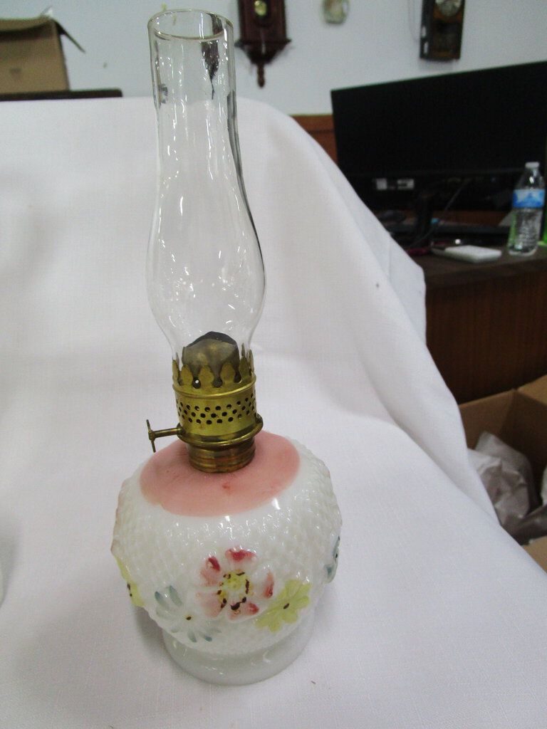 Antique Hobnail Milk Glass Cosmos Mini Kerosene Oil Lamp