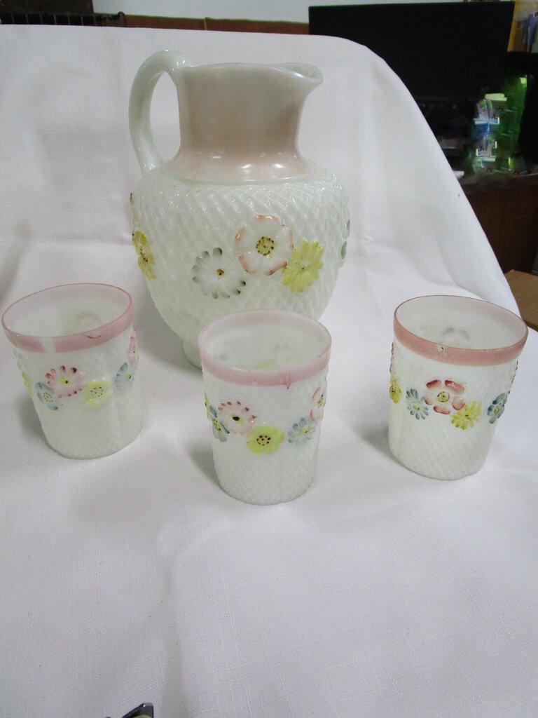 Antique Hobnail Milk Glass Cosmos Pitcher and Three Tumblers Set