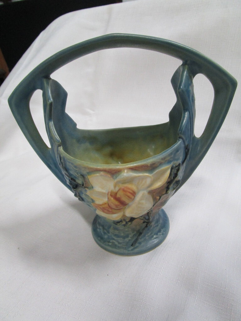 Vintage Roseville Pottery 383-7 Blue Magnolia Handled Basket