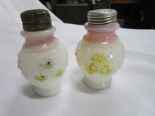 Load image into Gallery viewer, Antique Hobnail Milk Glass Cosmos Pattern Salt and Pepper Shaker Set
