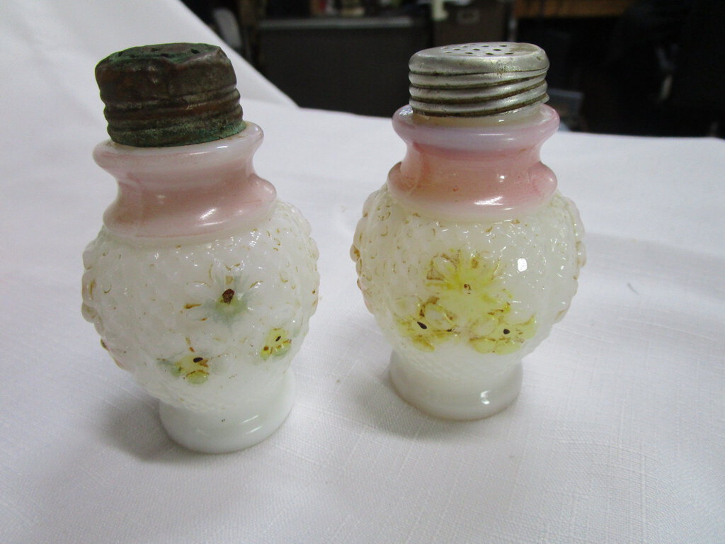 Antique Hobnail Milk Glass Cosmos Pattern Salt and Pepper Shaker Set