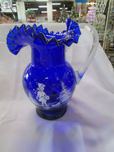 Load image into Gallery viewer, Fenton Mary Gregory Cobalt Blue Ruffled Pitcher with Handpainted Winter Skating Scene

