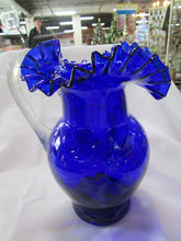 Load image into Gallery viewer, Fenton Mary Gregory Cobalt Blue Ruffled Pitcher with Handpainted Winter Skating Scene
