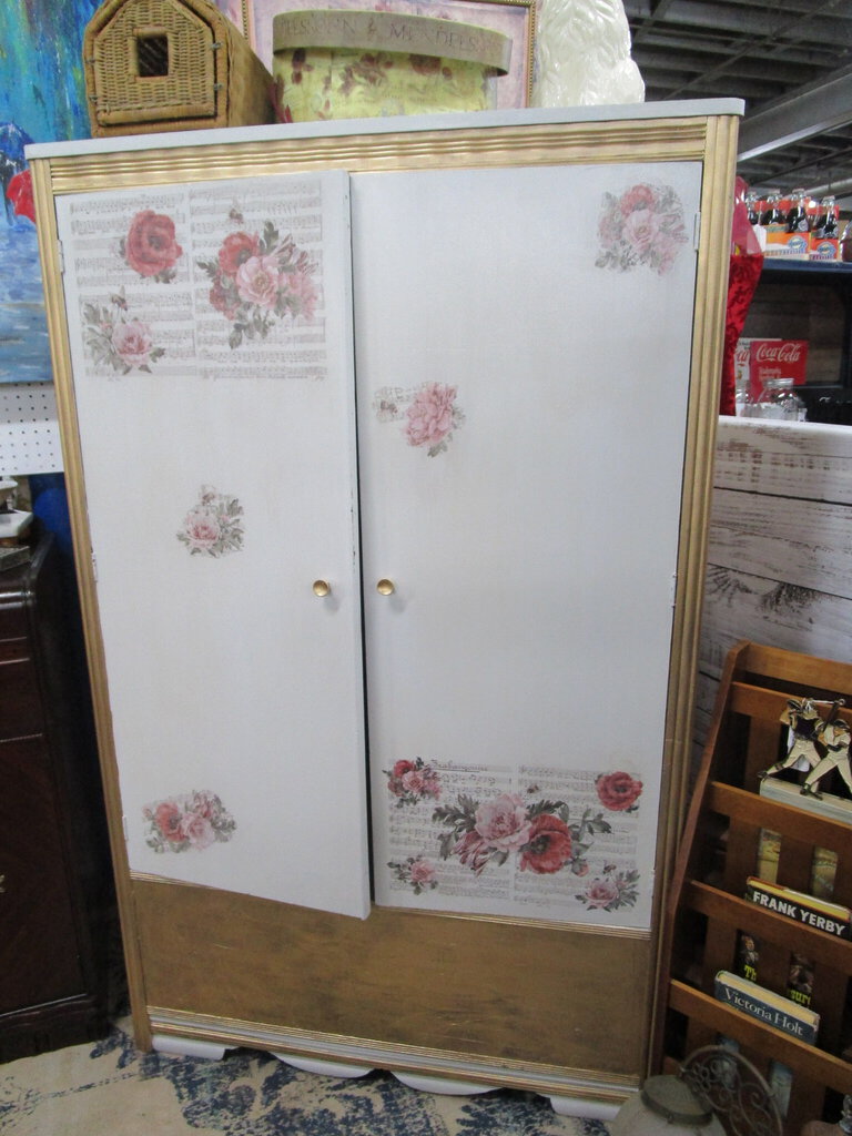 Vintage Custom Painted & Decoupaged Cedar Lined Wardrobe Armoire Closet