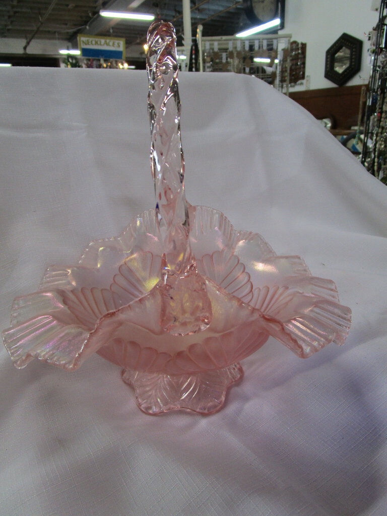 Fenton Pink Opalescent Leaf Pattern Glass Basket