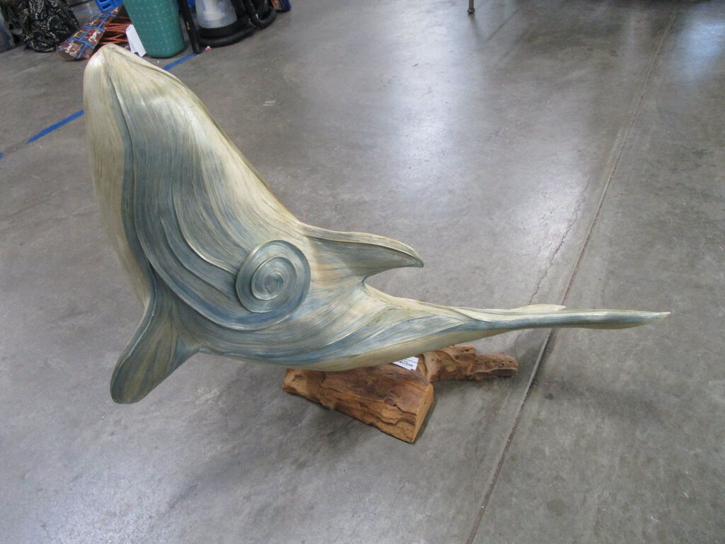 Woven Rattan Laminated Whale on Driftwood Base Decor