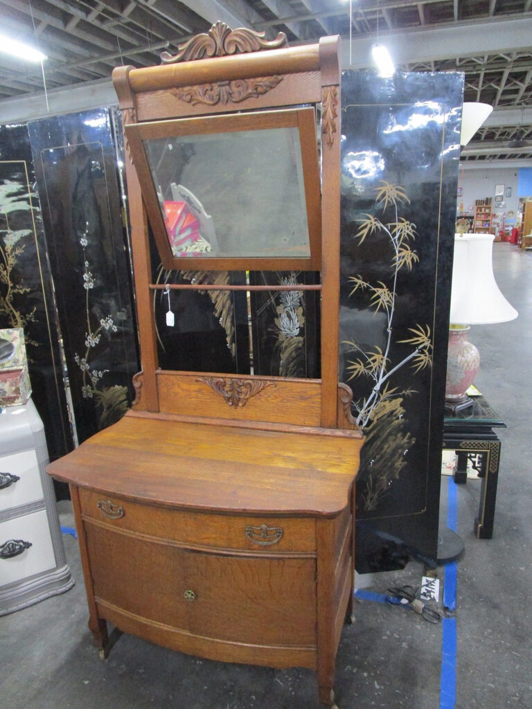 Vintage Tiger Oak Wash Stand with Tilt Carved Mirror