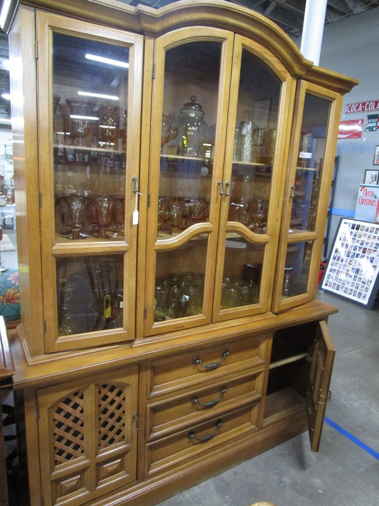 Vintage MCM Cherry Arch Top China Display Hutch Cabinet