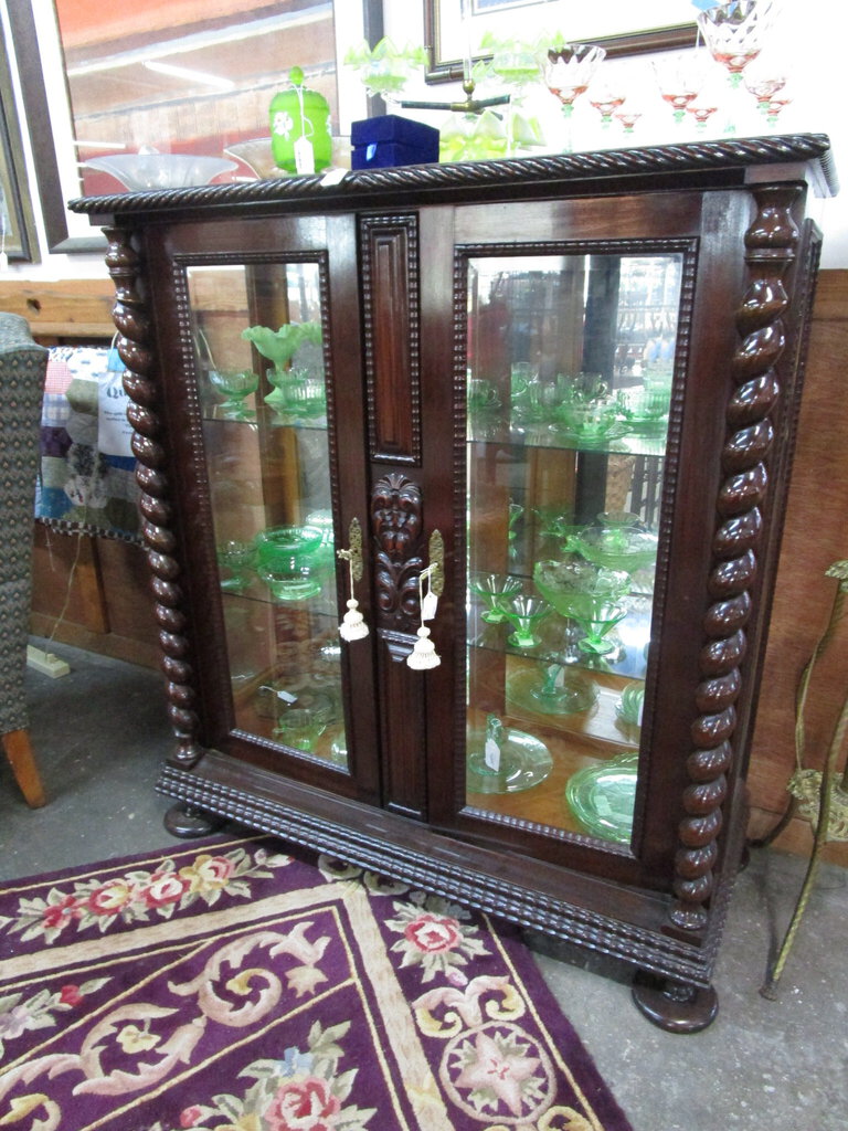 Antique Brazilian Wood Barley Twist Curio China Cabinet