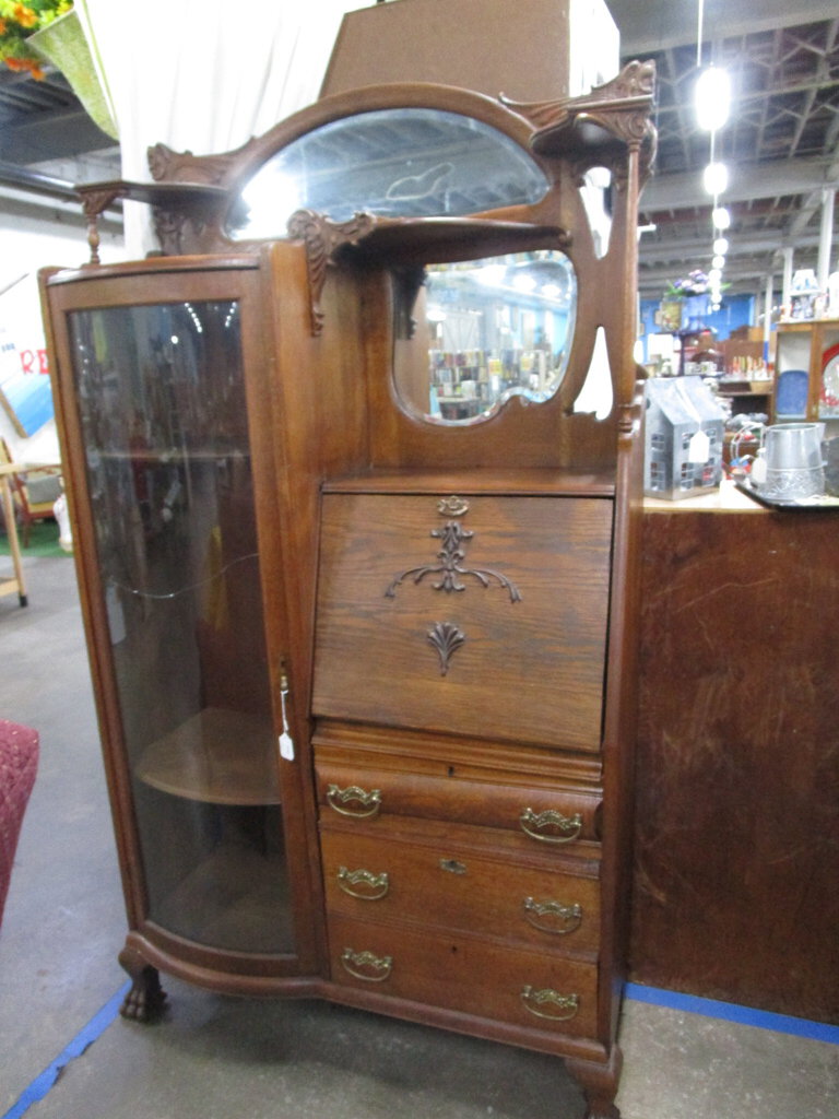 Antique Oak Side by Side Secretary with Bow Front Curio