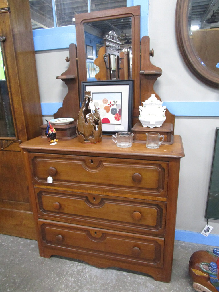 Antique Solid Wood Three Drawer Dresser with Mirror and Glove Drawers