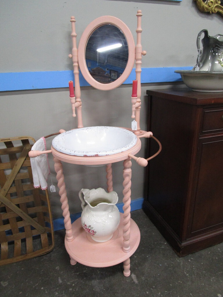 Antique Custom Painted Wash Stand with Mirror and Wash Basin
