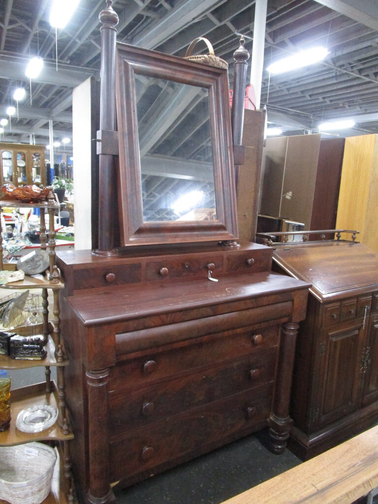 Antique Empire Wood Veneer Dresser with Attached Tilt Mirror
