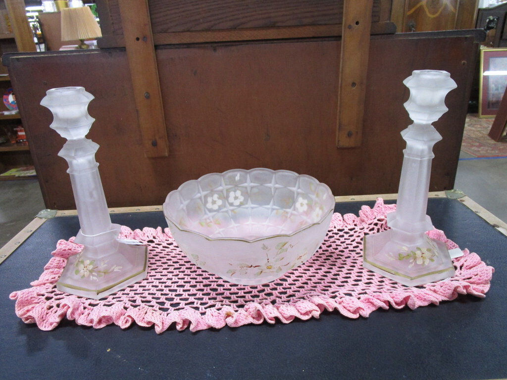 Antique Val St. Lambert Frosted Glass Candlesticks and Console Bowl Set