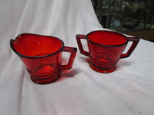 Load image into Gallery viewer, Vintage Ruby Red Amberina Paden City Penny Line Creamer and Sugar Set
