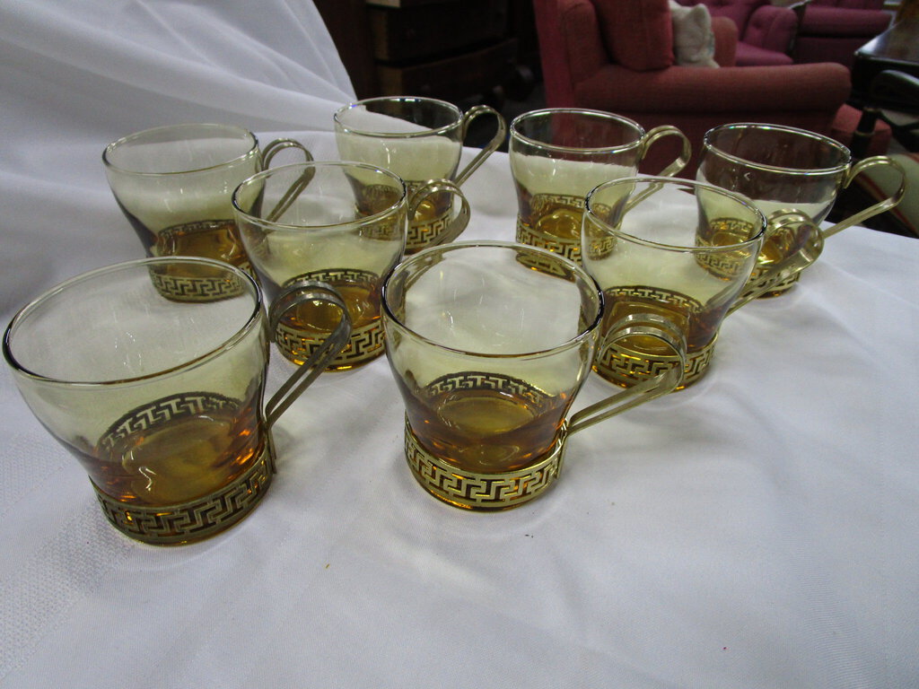 Vintage Libbey Amber Glasses with Brass Greek Key Holders Set of 8