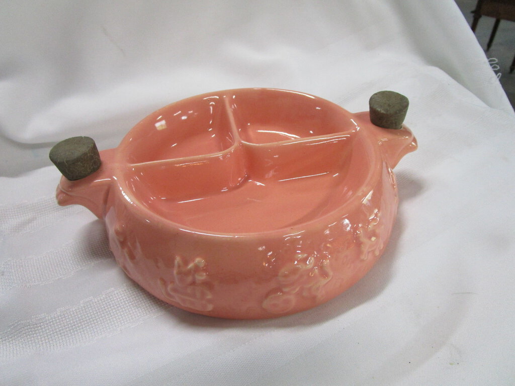 Vintage Hankscraft Pink Ceramic Nursery Rhyme Divided Children's Warming Dish