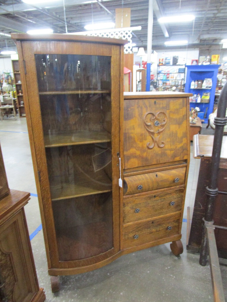 Vintage Empire Oak Secretary Curio Hutch Desk Cabinet