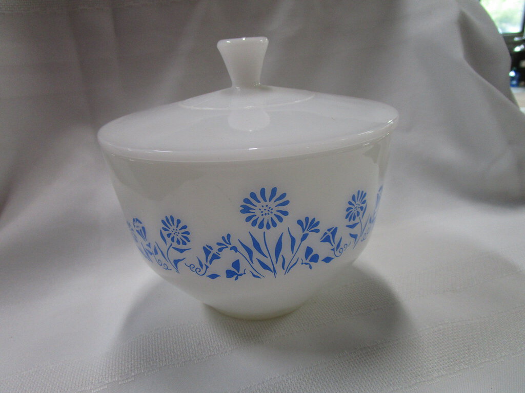 Vintage Federal Glass Milk Glass Blue Floral Serving Bowl with Lid