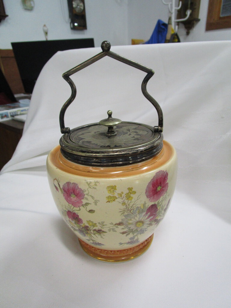 Antique William Wood Co. Handpainted Porcelain Biscuit Jar with Lid and Handle