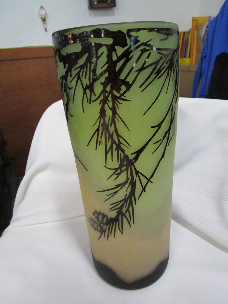 Early 1900's French Cameo Glass Arts & Crafts Nature Pillar Vase