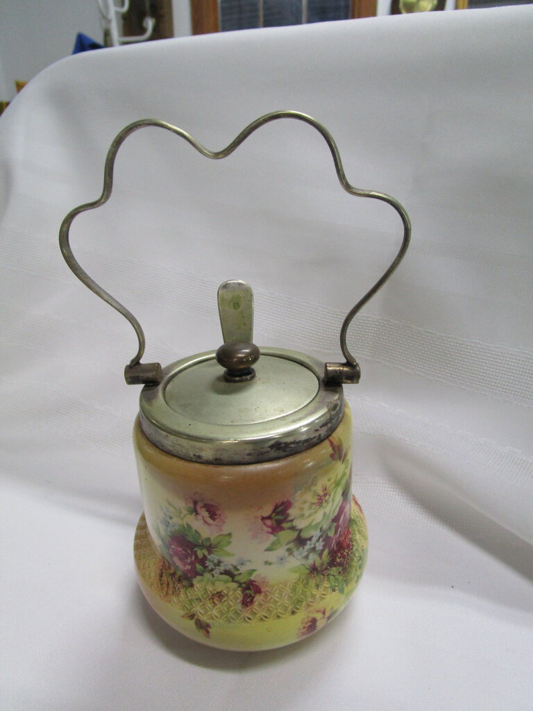 W & R Handpainted Floral Jam Preserve Jar with Lid, Spoon and Carry Handle 1895-1900