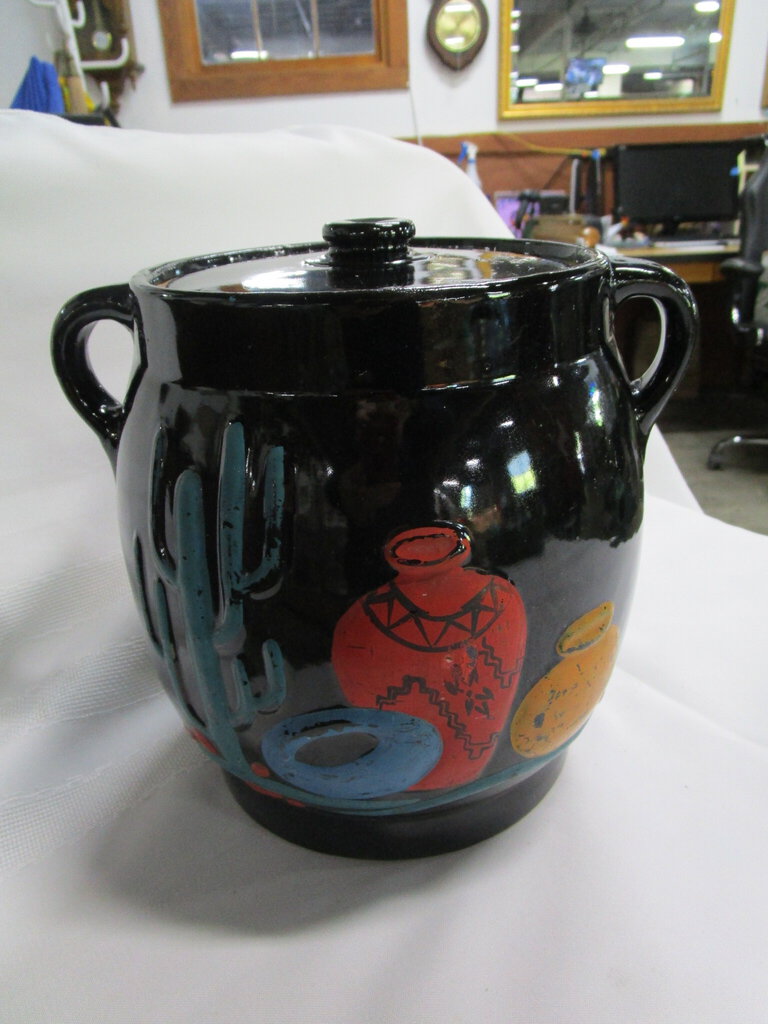 Vintage Black Ceramic Desert Scene Cookie Jar Canister