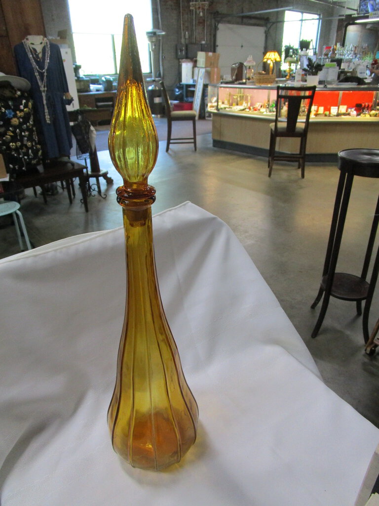 Vintage Amber Ribbed Glass Tall Decanter Bottle with Stopper