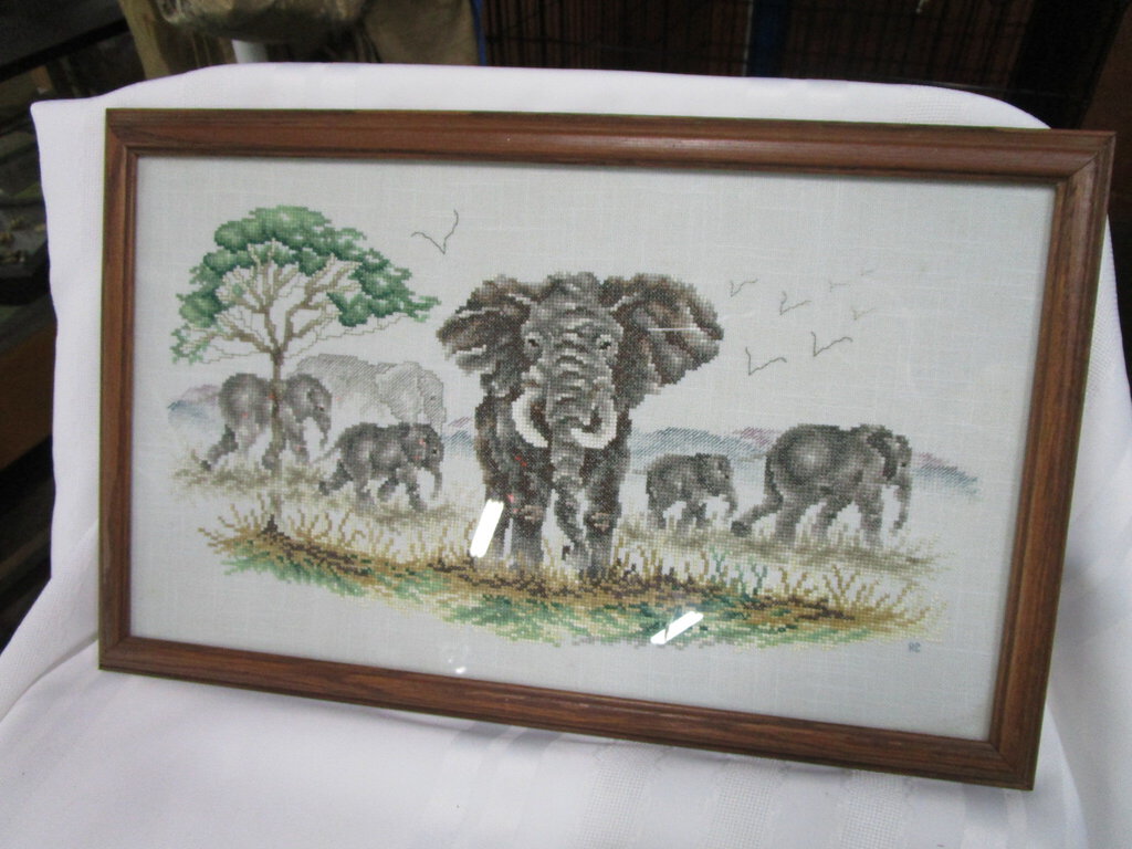 Hand Stitched African Elephant Family in Wood Frame with Glass