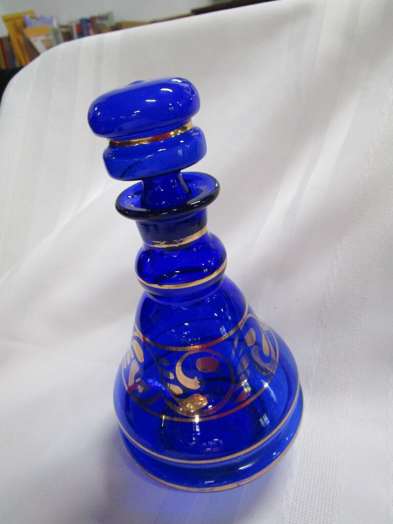 Vintage Cobalt Blue Glass with Gold Tone Trim Decanter