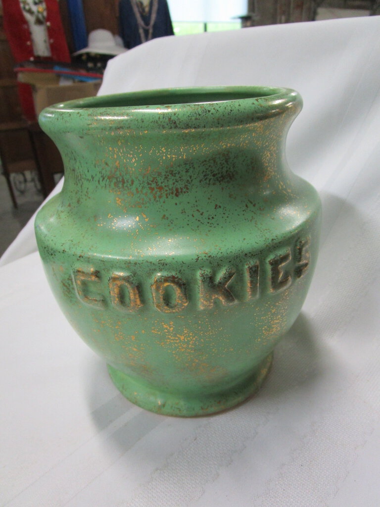 Vintage American Bisque Co. Ceramic Green/Gold Speckled Cookies Jar (No Lid)