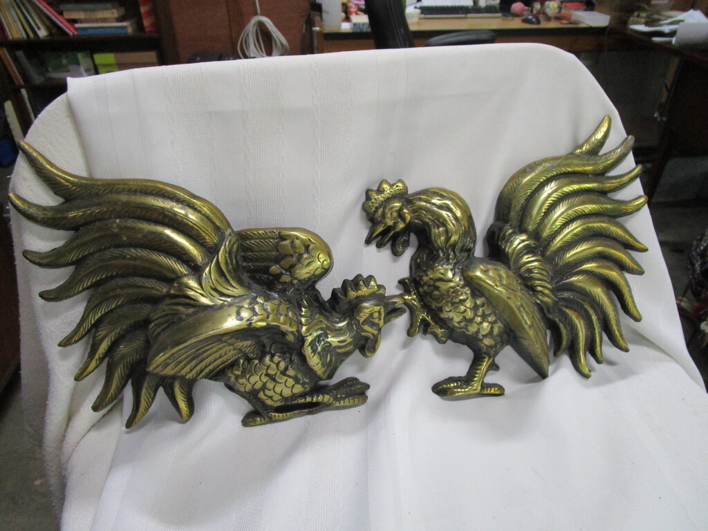 Vintage Japan Brass Crowing Roosters Set of 2 Wall Decor