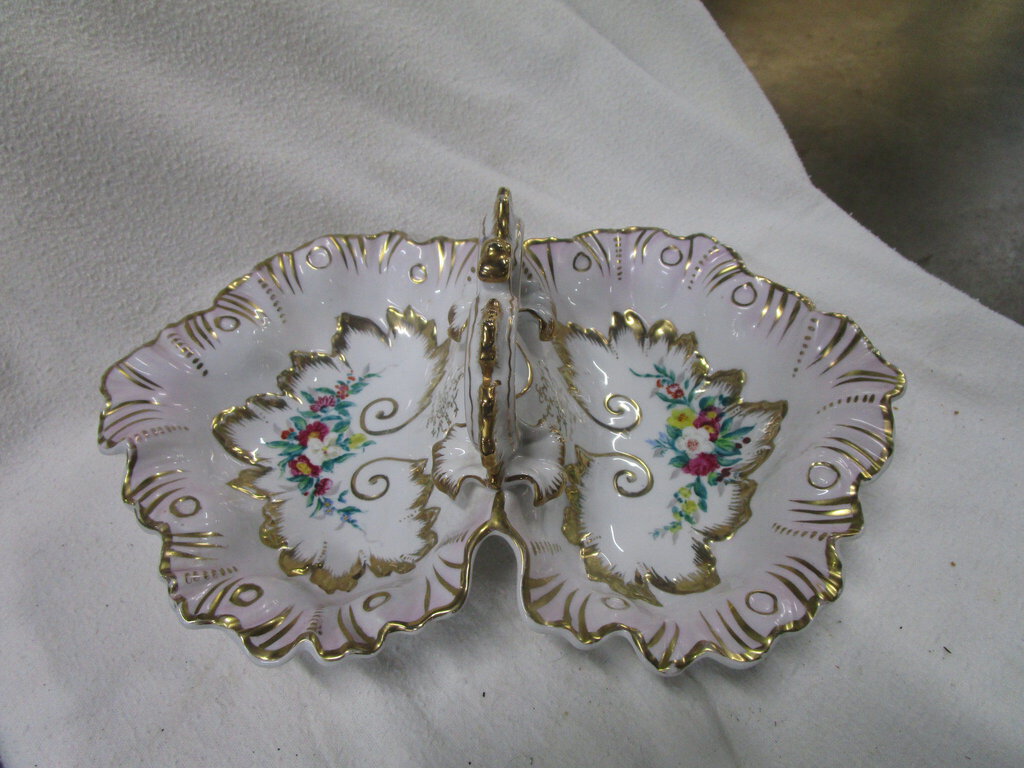 Antique Handpainted Porcelain Ruffled Double Candy Tidbit Dish