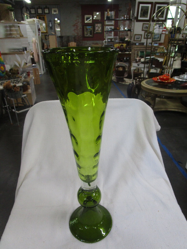 Green Optic Dot Glass Pedestal Tall Vase