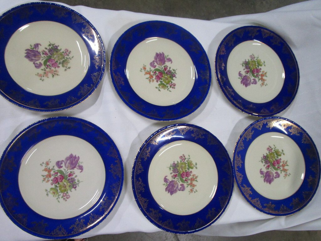Vintage Schonwald Germany Cobalt Blue Rim Floral Dinner Plates Set of 6