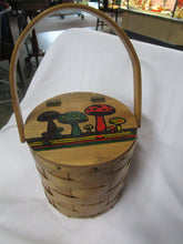 Load image into Gallery viewer, Vintage Woven Wicker Round Basket Purse with Swing Handle and Mushroom Motif
