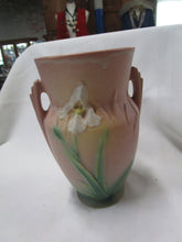 Load image into Gallery viewer, Vintage Roseville Pottery 921-8 Pink Coral Iris Double Handle Vase
